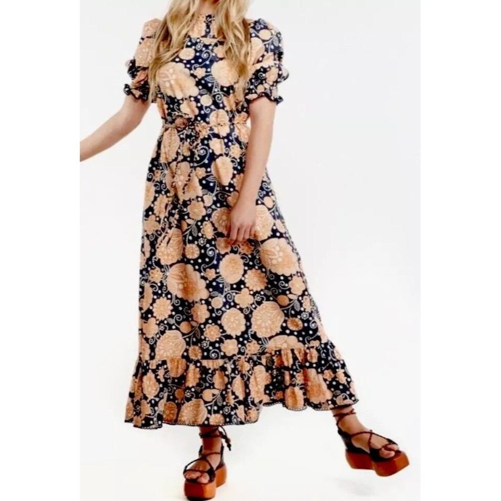 The Odells Maxi Dress M Maribelle Blue Marigold Ruffle Puff Sleeve High Neck